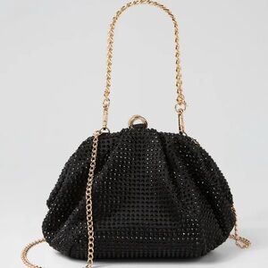 Olga Berg Black Crystal Satin Clutch Bag With Gold Chain Straps Evening Glam